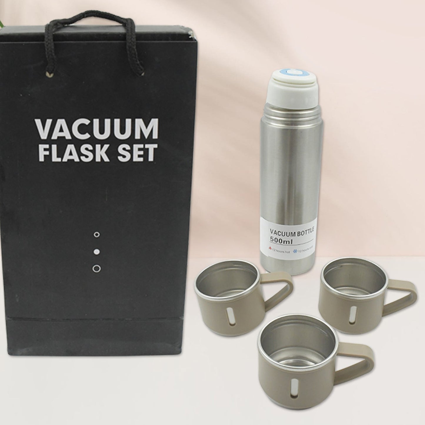 Stainless Steel Flask Set with 3 Steel Cups