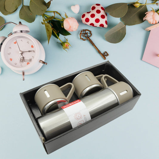 Stainless Steel Flask Set with 3 Steel Cups