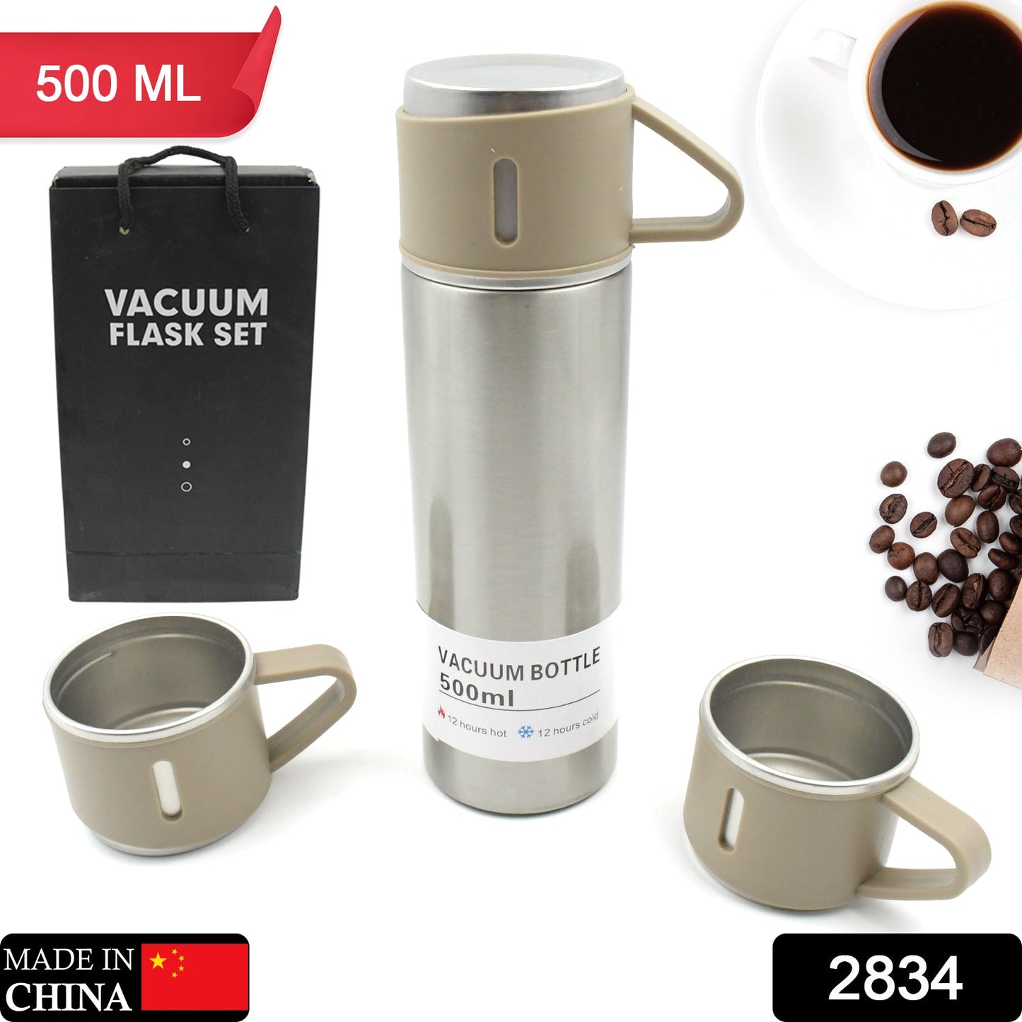 Stainless Steel Flask Set with 3 Steel Cups